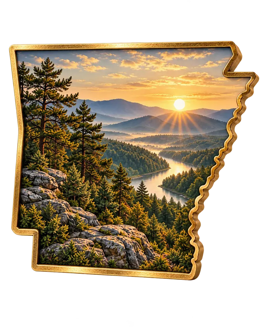 The state of Arkansas rendered as a gold-framed window onto a sunrise over forested ridges and a river